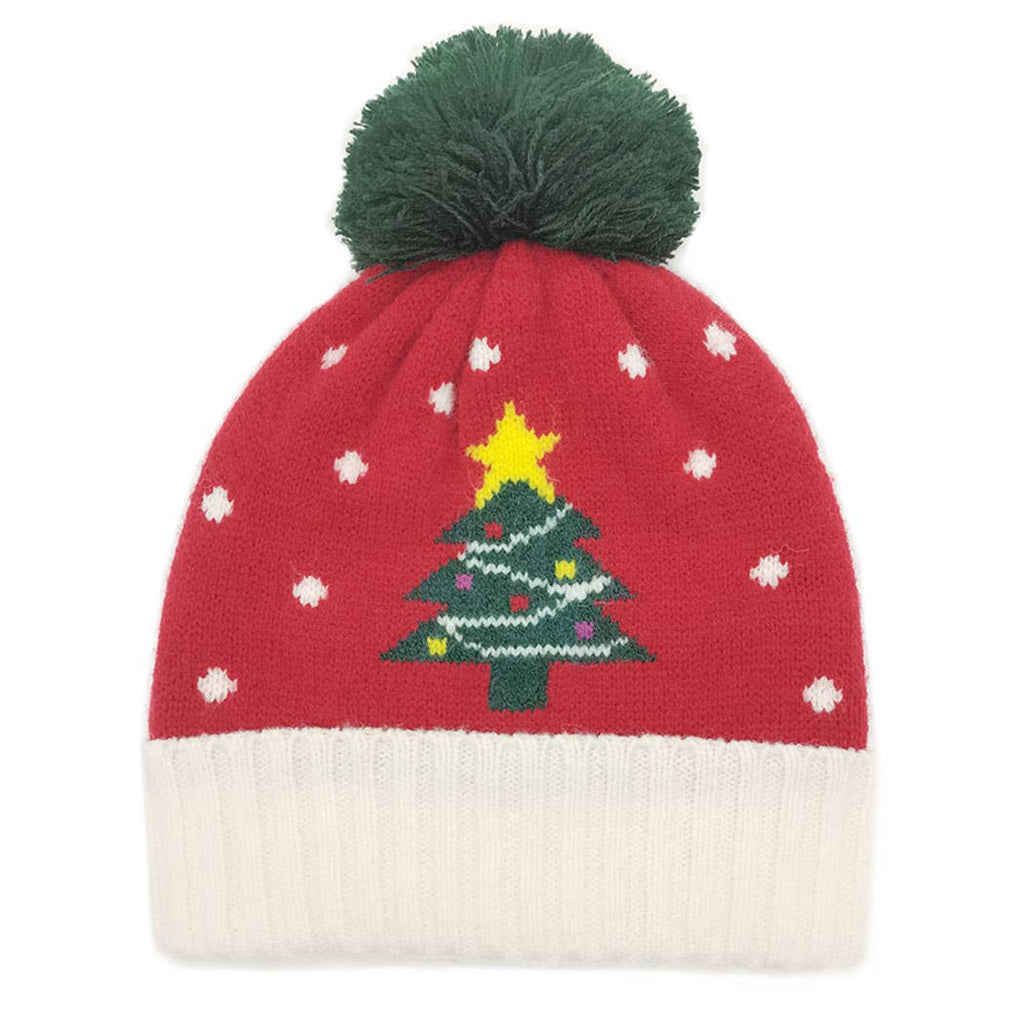 Holiday Treen Pattern Beanie Hat w Yarn Pom