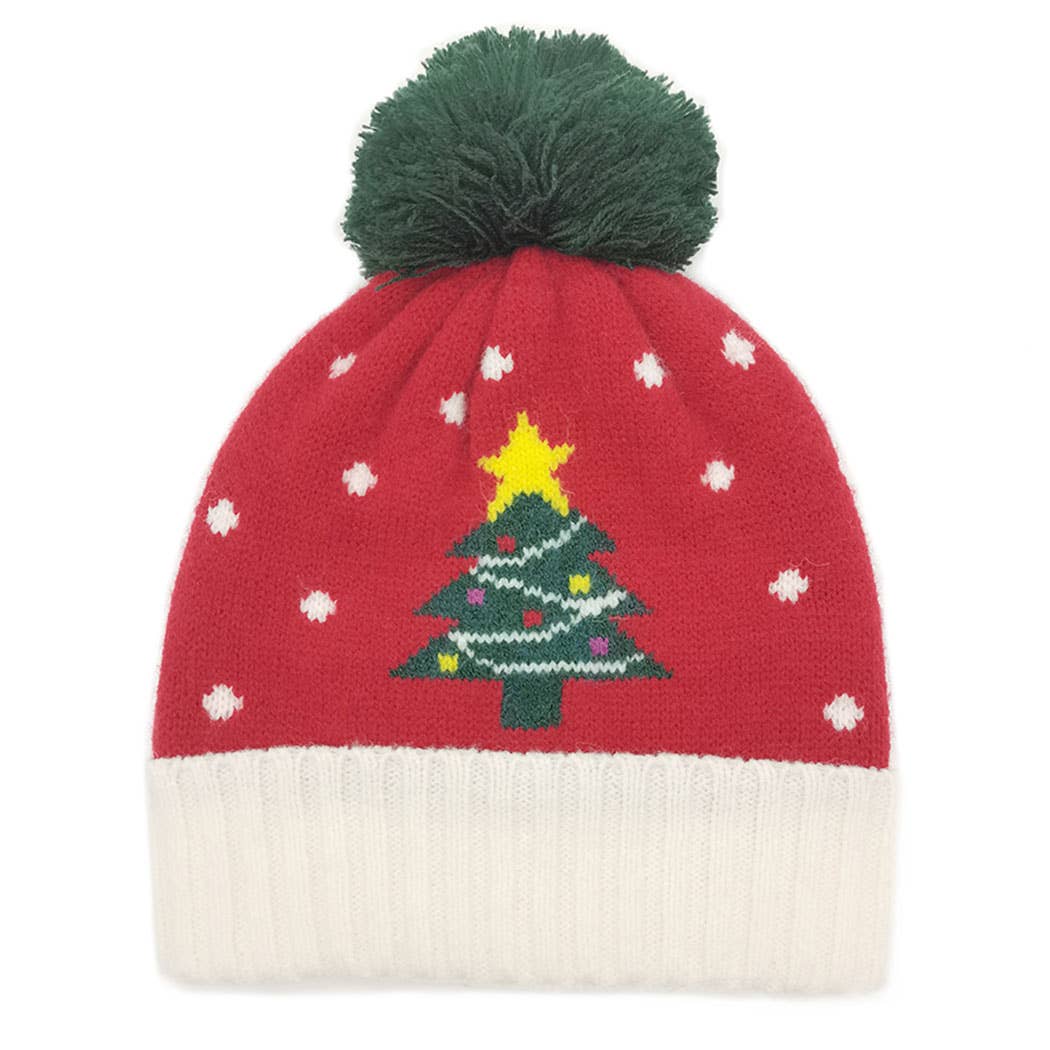 Holiday Treen Pattern Beanie Hat w Yarn Pom