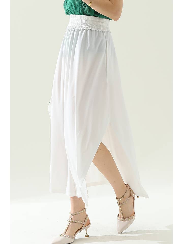 BANDED SMOCKING WAIST MAXI SKIRT WITH POCKET