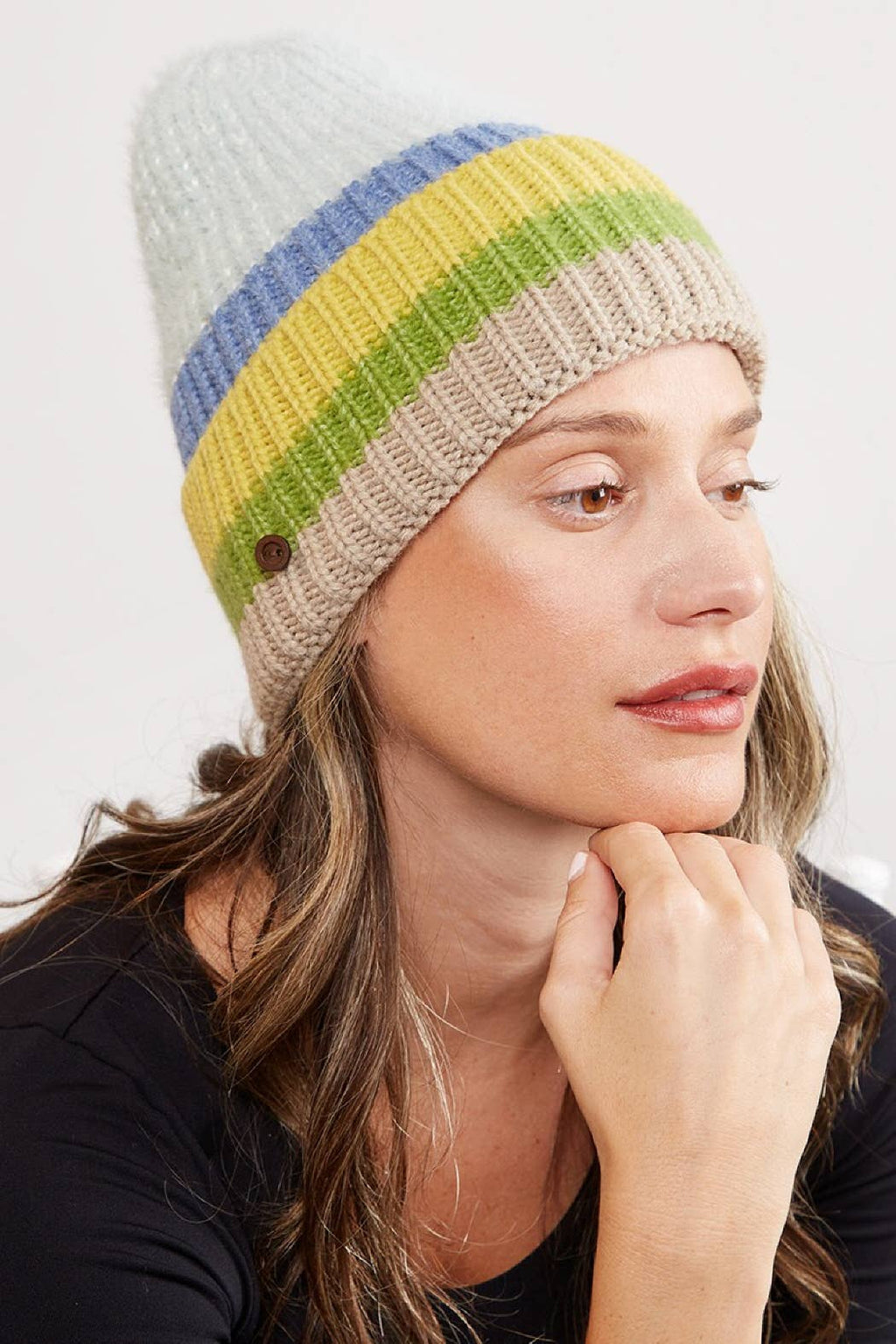 Mixed Color Knit Ribbed Beanie with Button