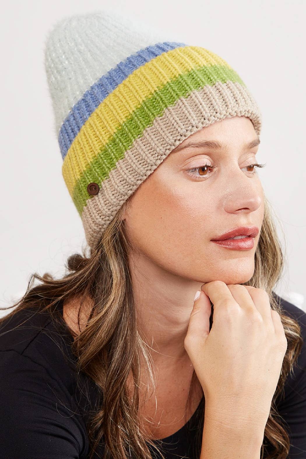 Mixed Color Knit Ribbed Beanie with Button