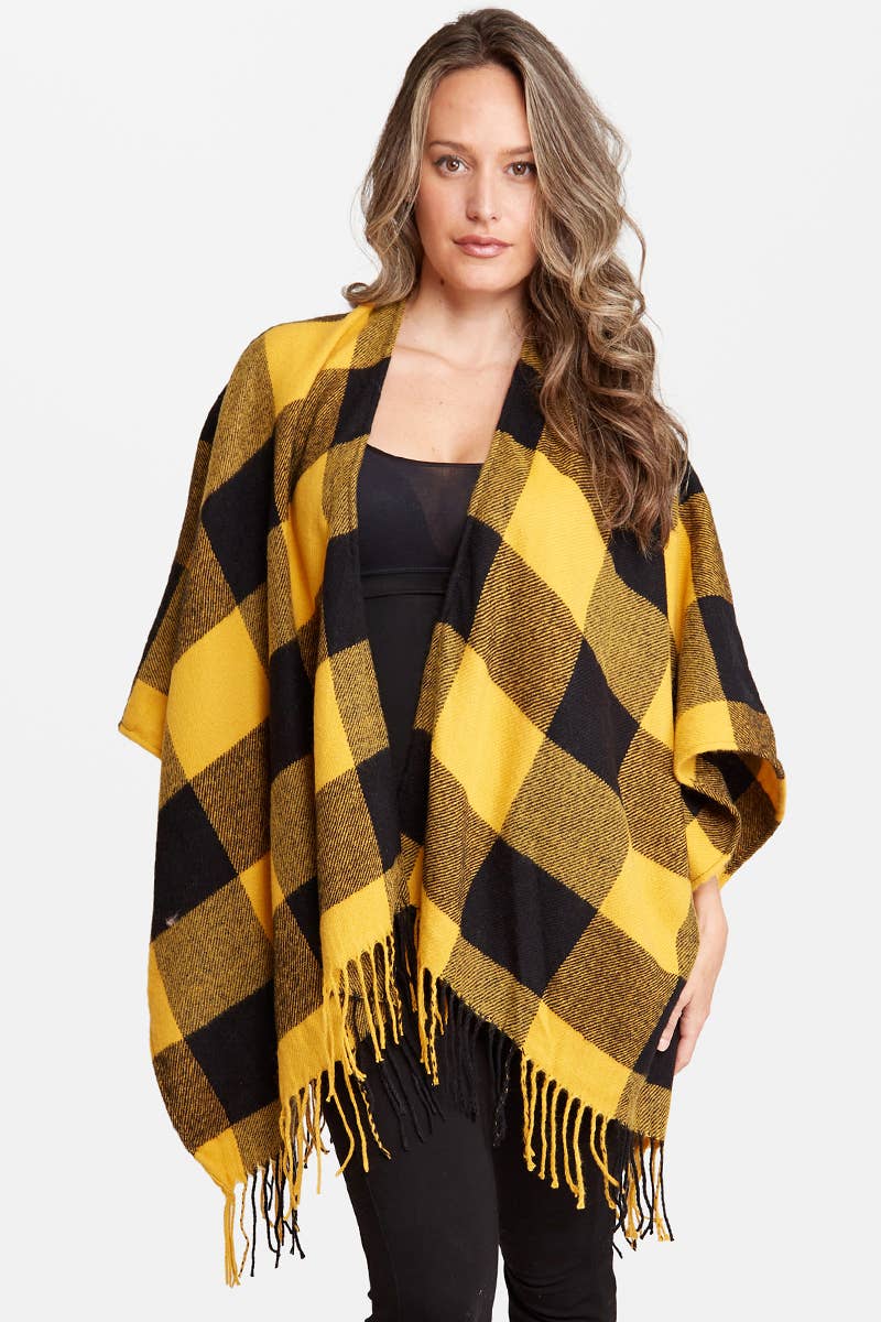 Buffalo Check Pattern Ruana Poncho with Fringes