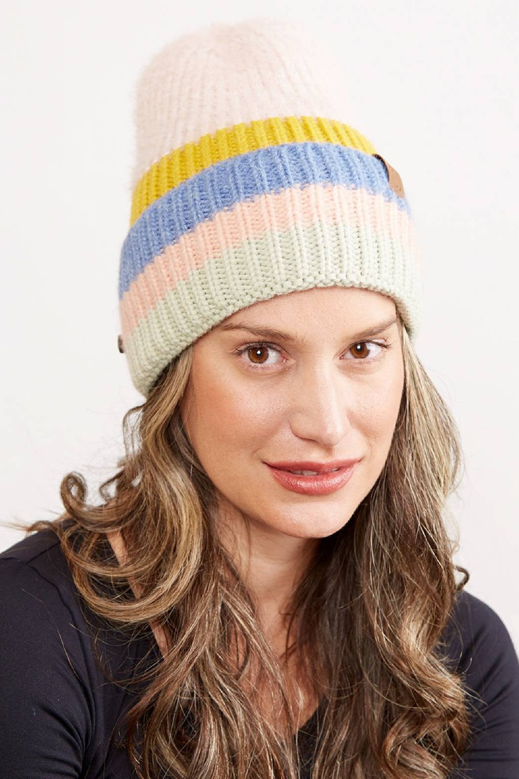 Mixed Color Knit Ribbed Beanie with Button