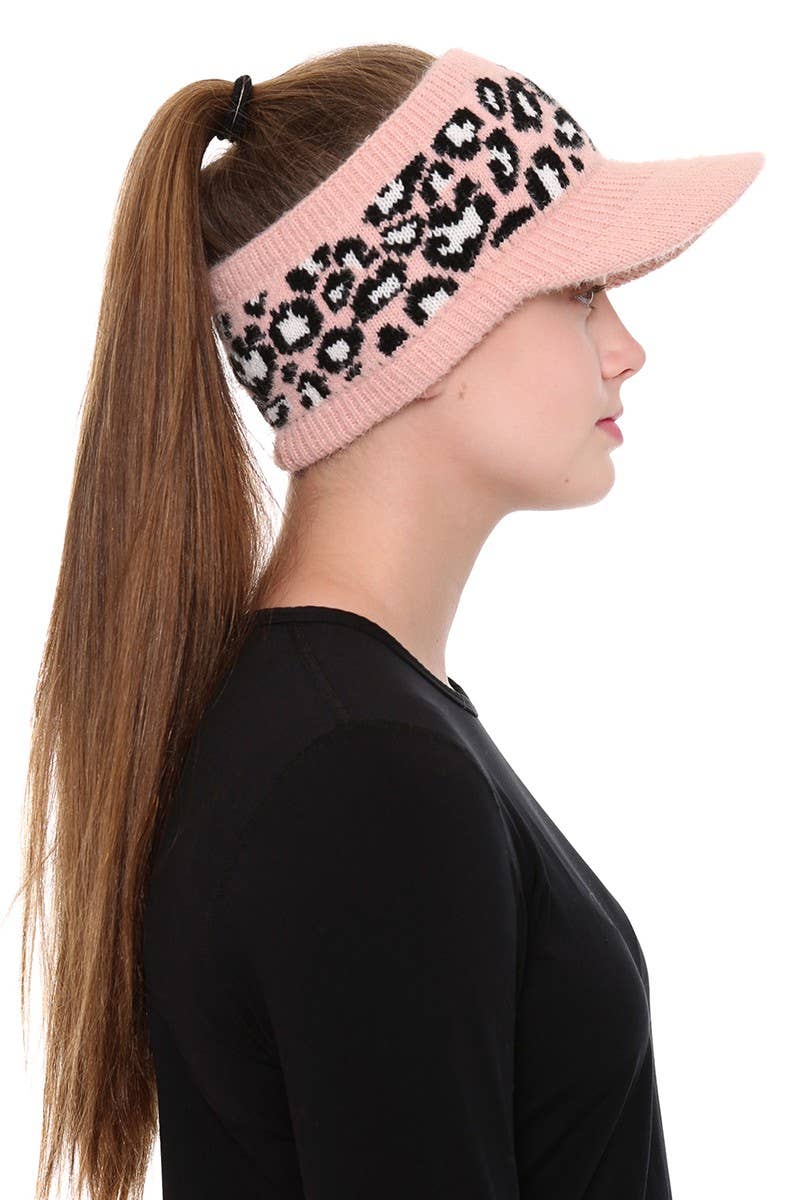 Leopard Detailed Ponytail Knitted Visor Hat