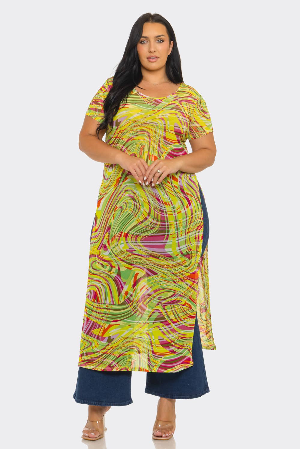Plus Size Mesh Print Short Sleeve Side Slits Top