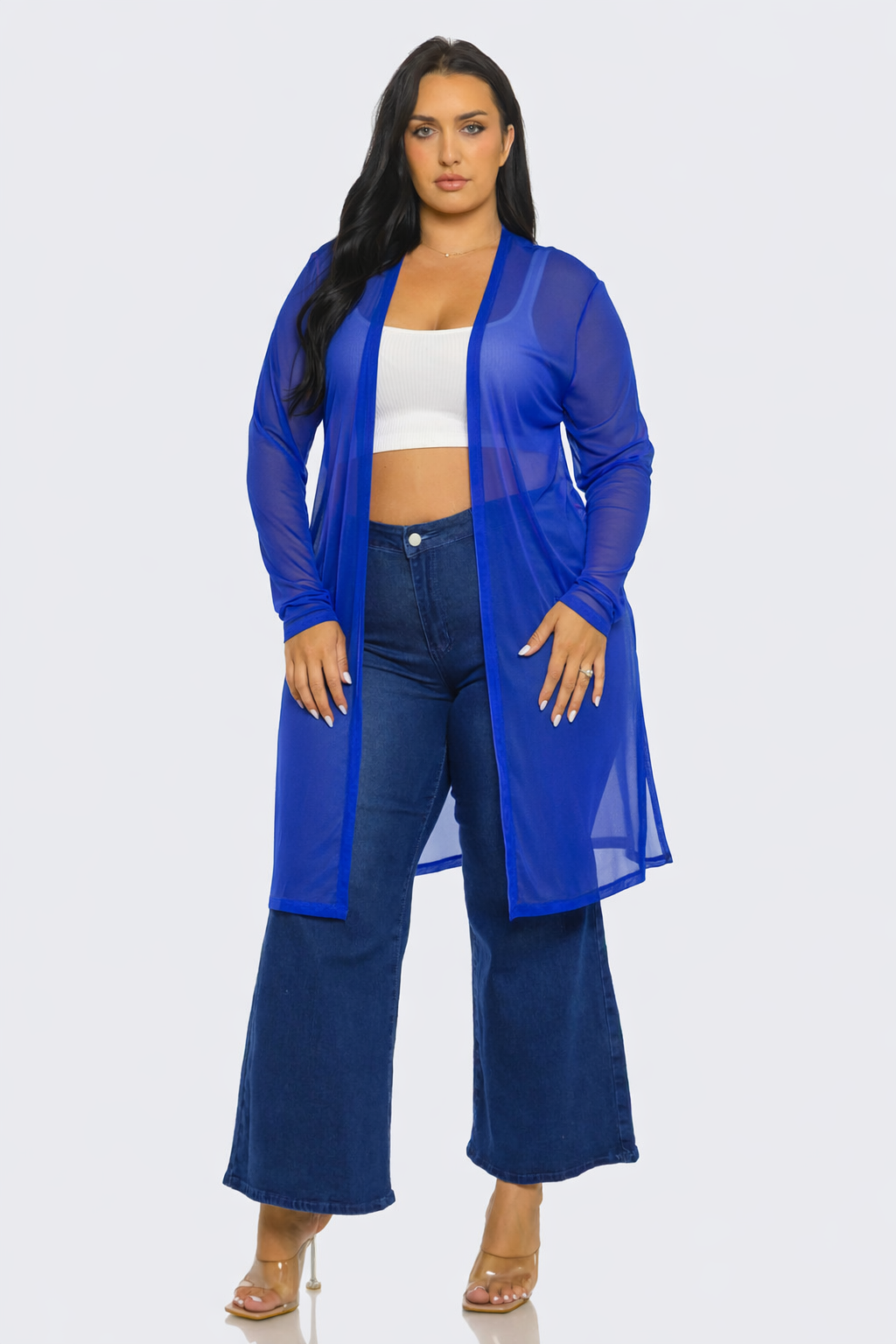 Plus Size Mesh Solid Side Slits Long Sleeve Cardigan