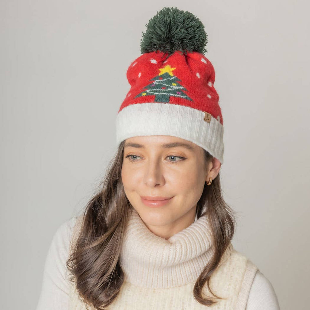 Holiday Treen Pattern Beanie Hat w Yarn Pom