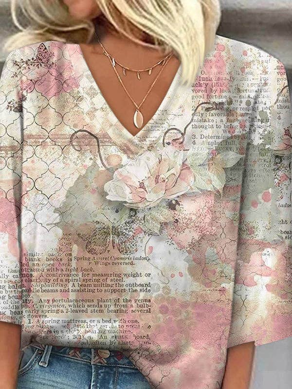 Loose Plus Size Flower Print Letter Print V-Neck Blouses Tops