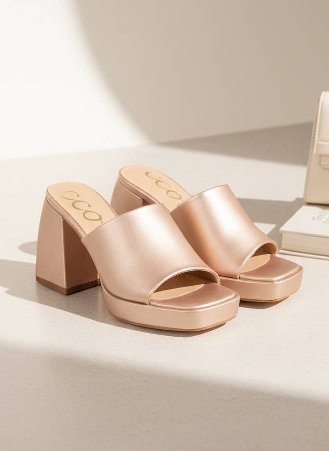 DORIS Rose Gold Platform Mule Heels with Retro Square Toe De