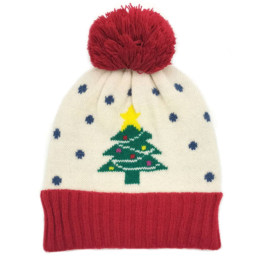 Holiday Treen Pattern Beanie Hat w Yarn Pom