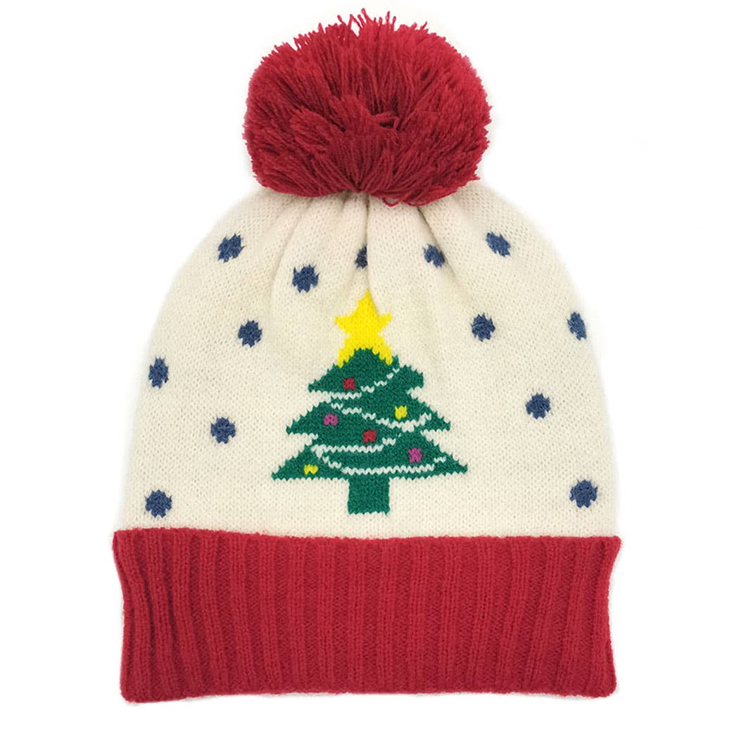 Holiday Treen Pattern Beanie Hat w Yarn Pom