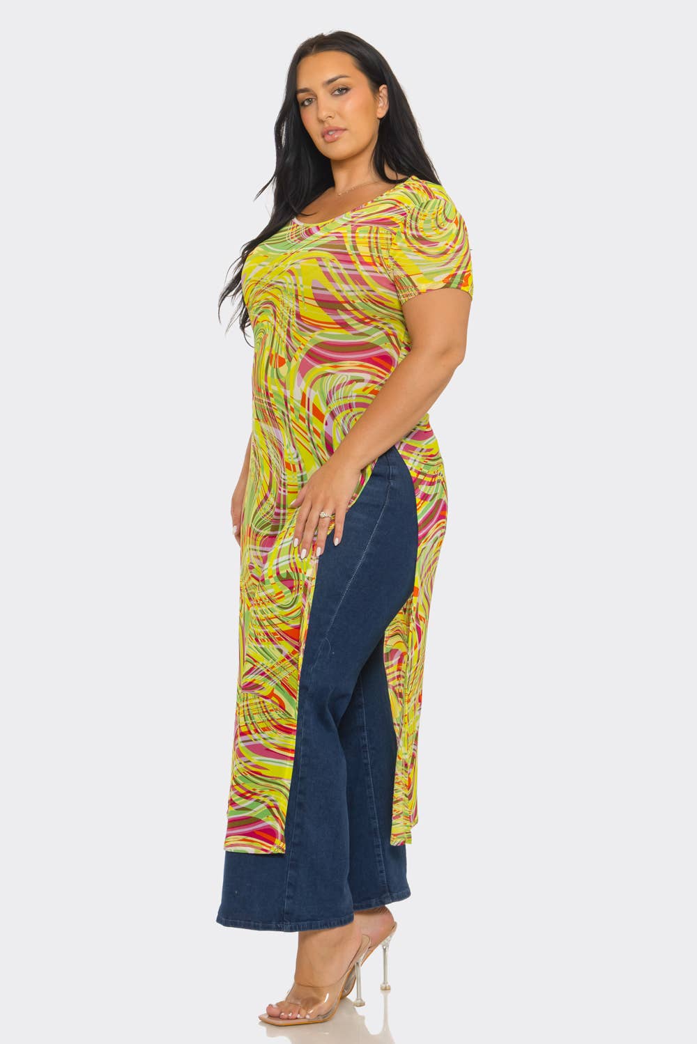 Plus Size Mesh Print Short Sleeve Side Slits Top