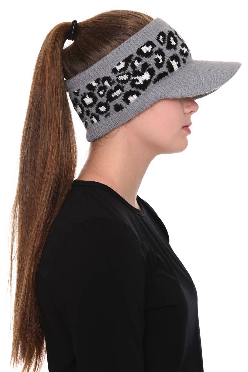 Leopard Detailed Ponytail Knitted Visor Hat