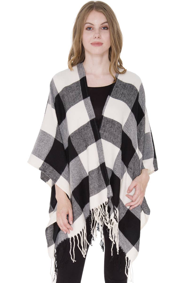 Buffalo Check Pattern Ruana Poncho with Fringes