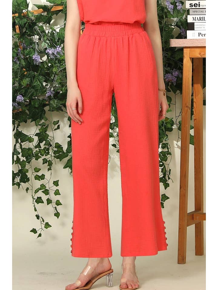 BANDED SMOCKING LONG PANTS WITH BUTTON DETAILED