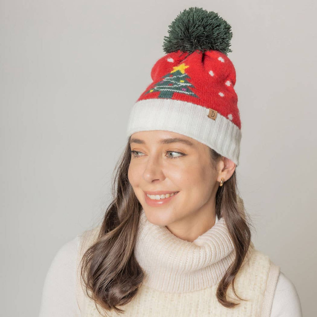 Holiday Treen Pattern Beanie Hat w Yarn Pom