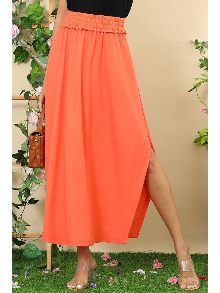 BANDED SMOCKING WAIST MAXI SKIRT WITH POCKET