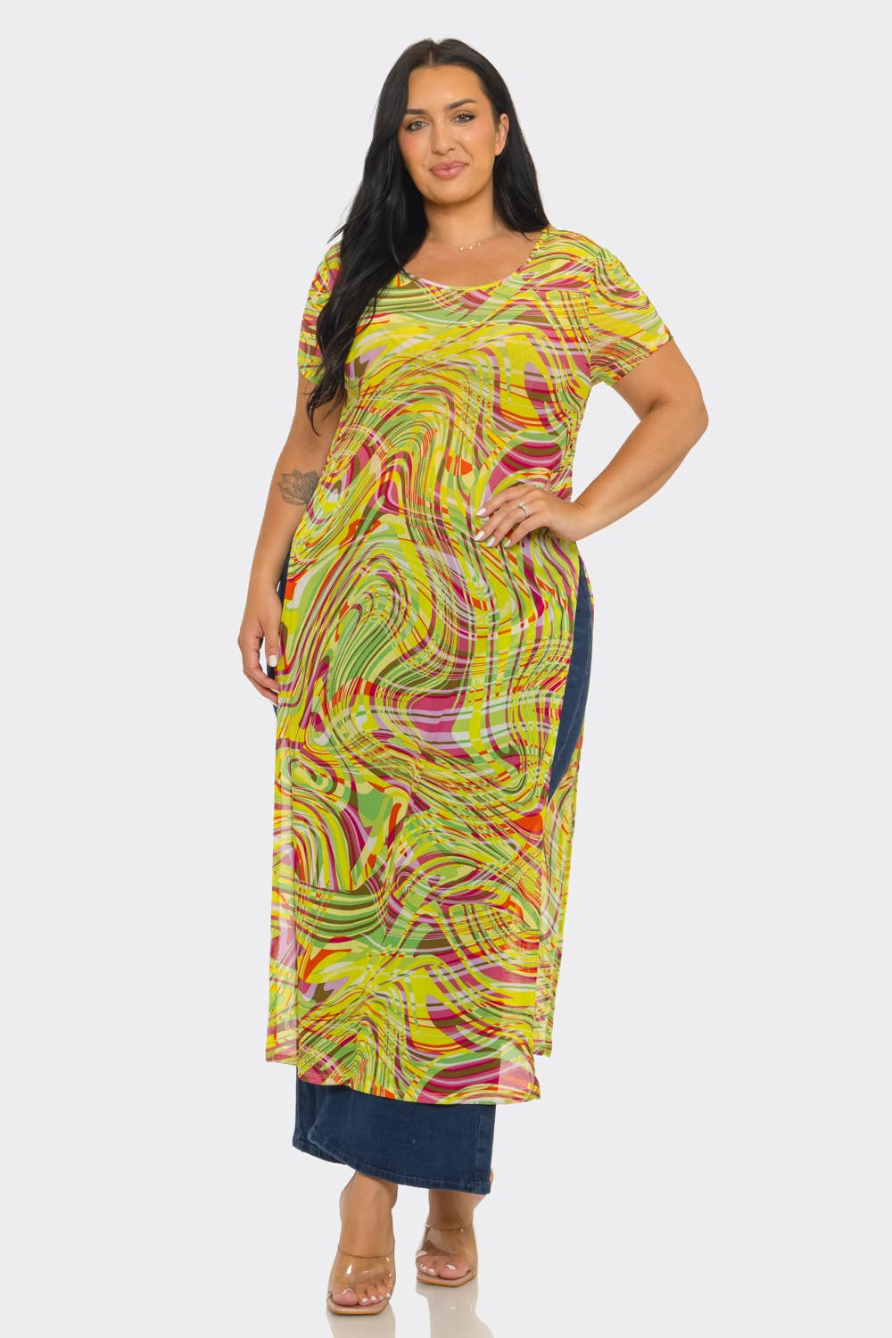 Plus Size Mesh Print Short Sleeve Side Slits Top