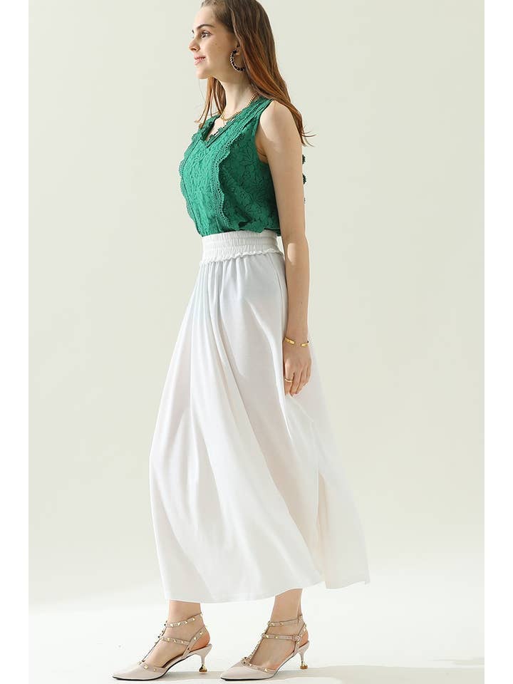 BANDED SMOCKING WAIST MAXI SKIRT WITH POCKET