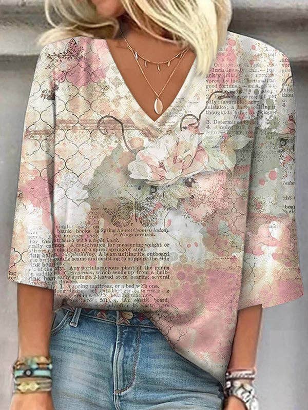 Loose Plus Size Flower Print Letter Print V-Neck Blouses Tops