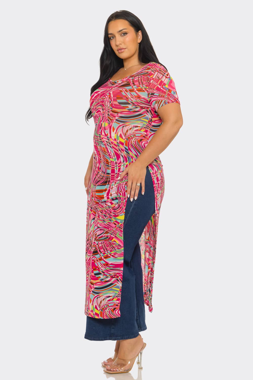 Plus Size Mesh Print Short Sleeve Side Slits Top
