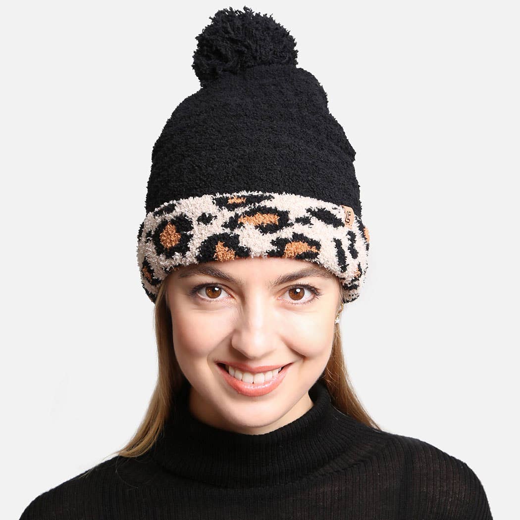 Luxury Soft Beanie Hat w Leopard Print Cuff