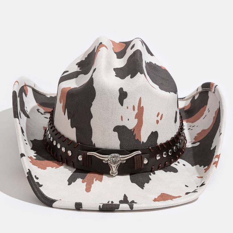 Western Bull Head Strap Cow Print Cowboy Hat