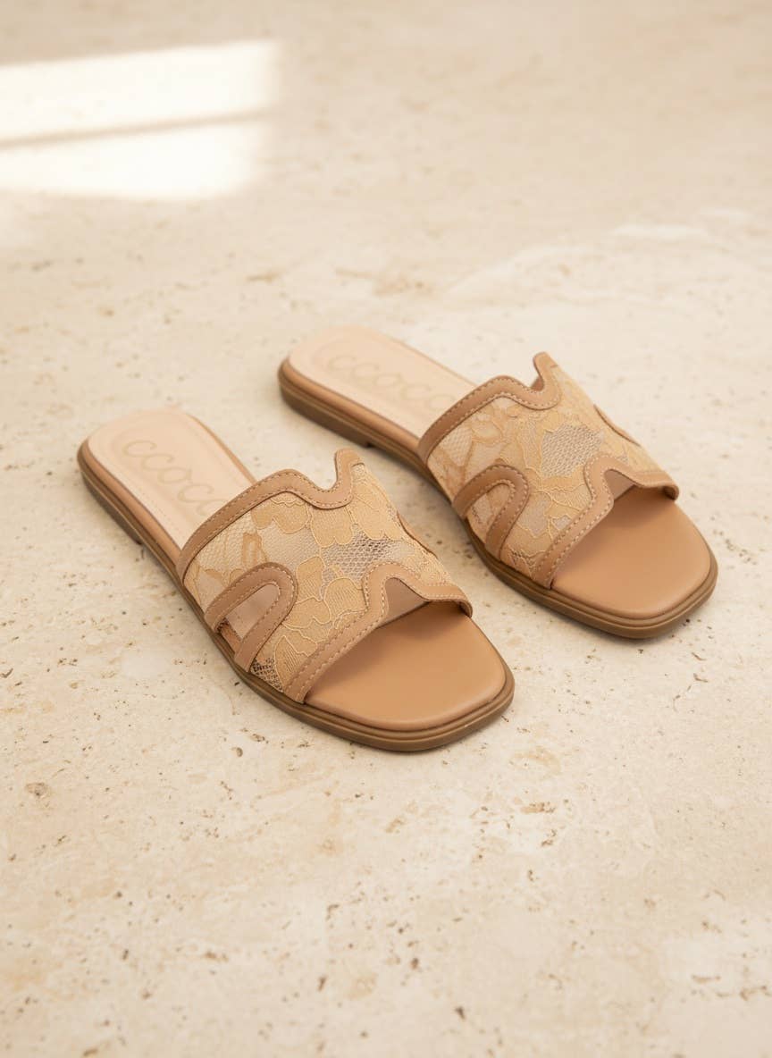 BRITNEY Lace Mesh Sandals  H-Cutout Square Toe Slides