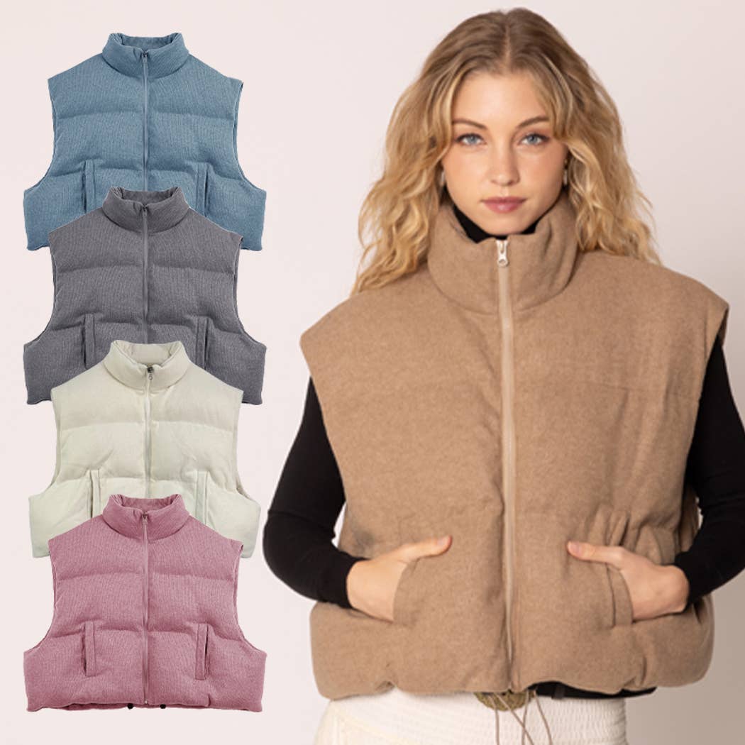 Knit Padded Crop Zip-Up Vest