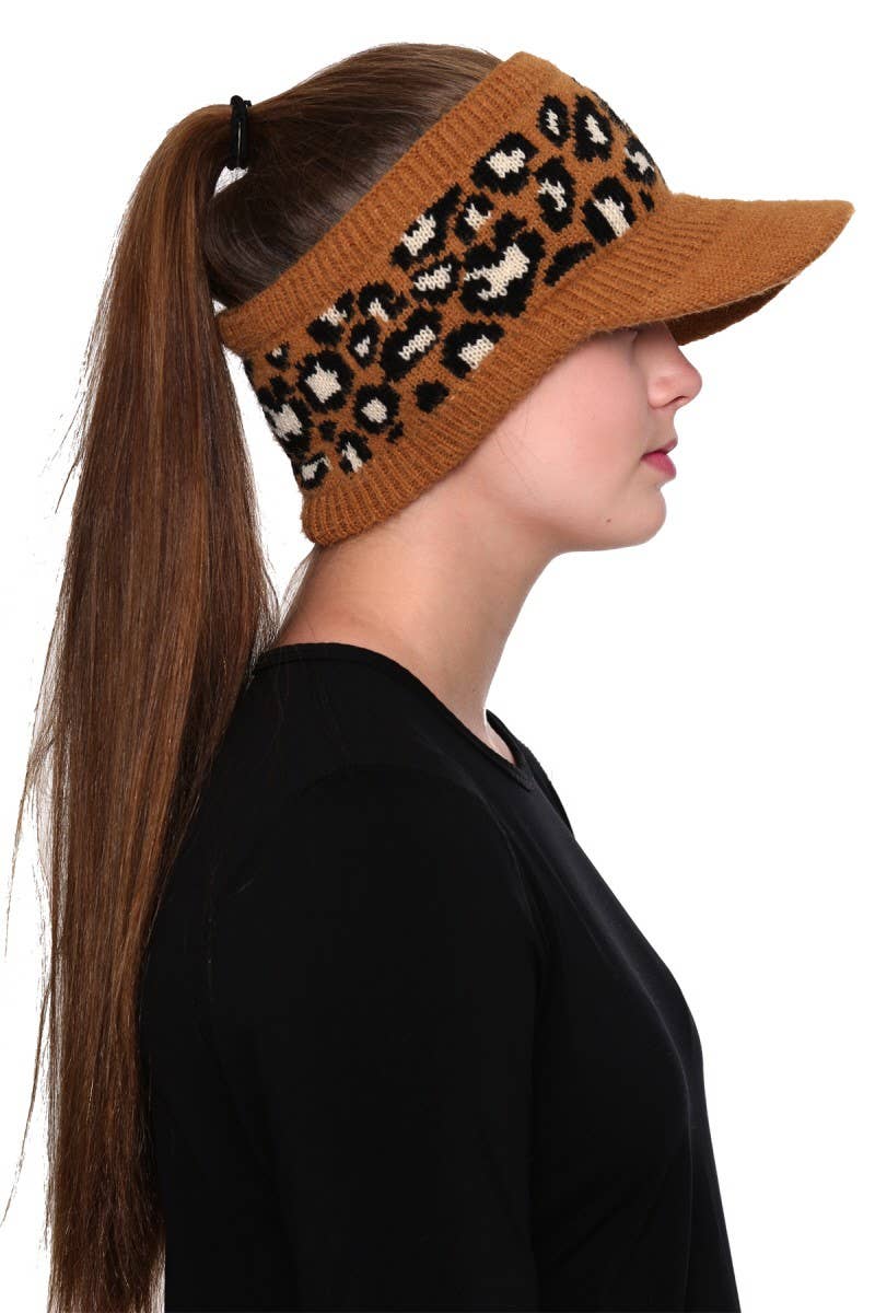 Leopard Detailed Ponytail Knitted Visor Hat