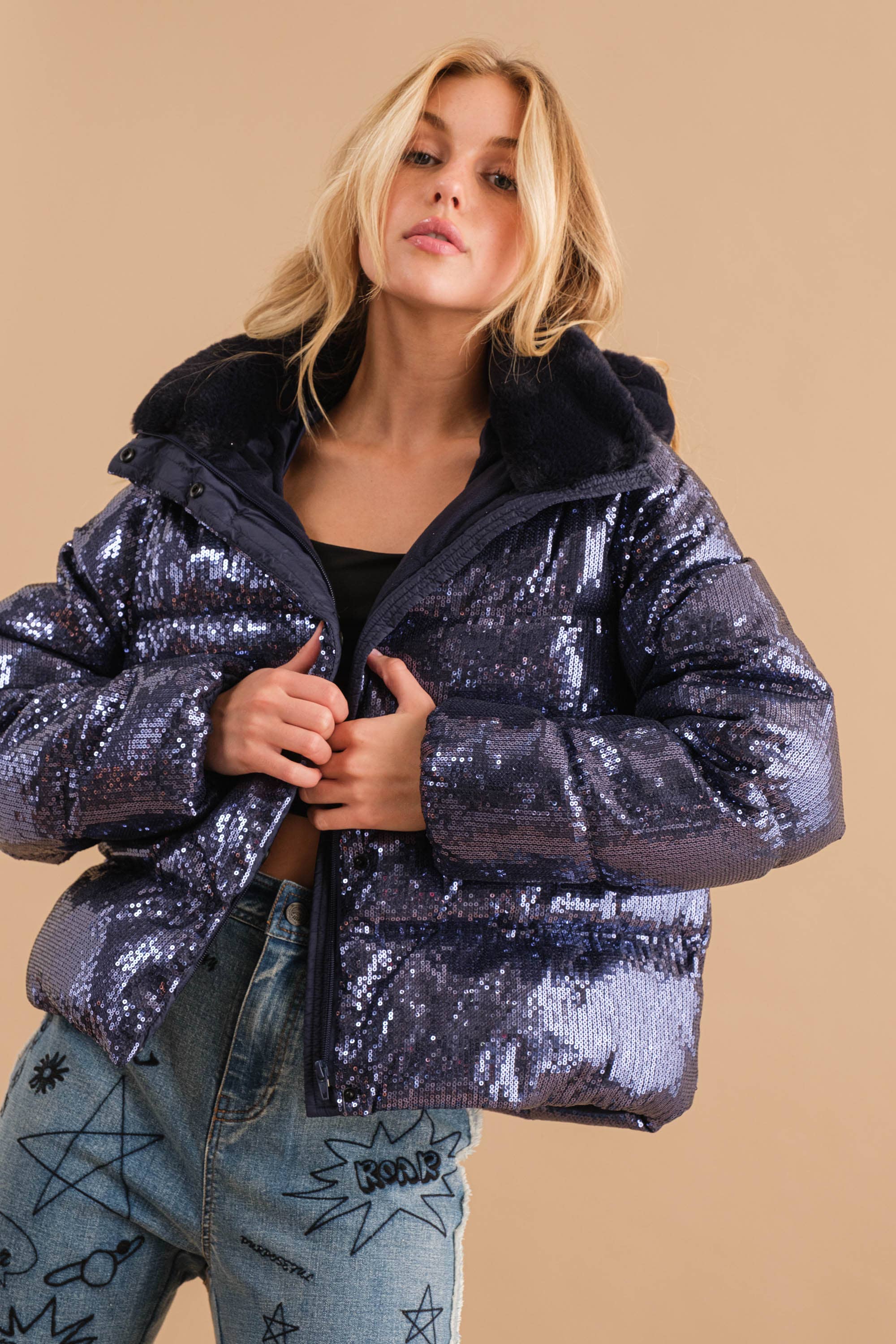 34172J - Sequin Puffer Quilted Fur Hooded Zip Up Coat