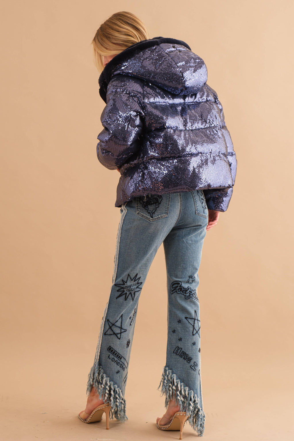 34172J - Sequin Puffer Quilted Fur Hooded Zip Up Coat