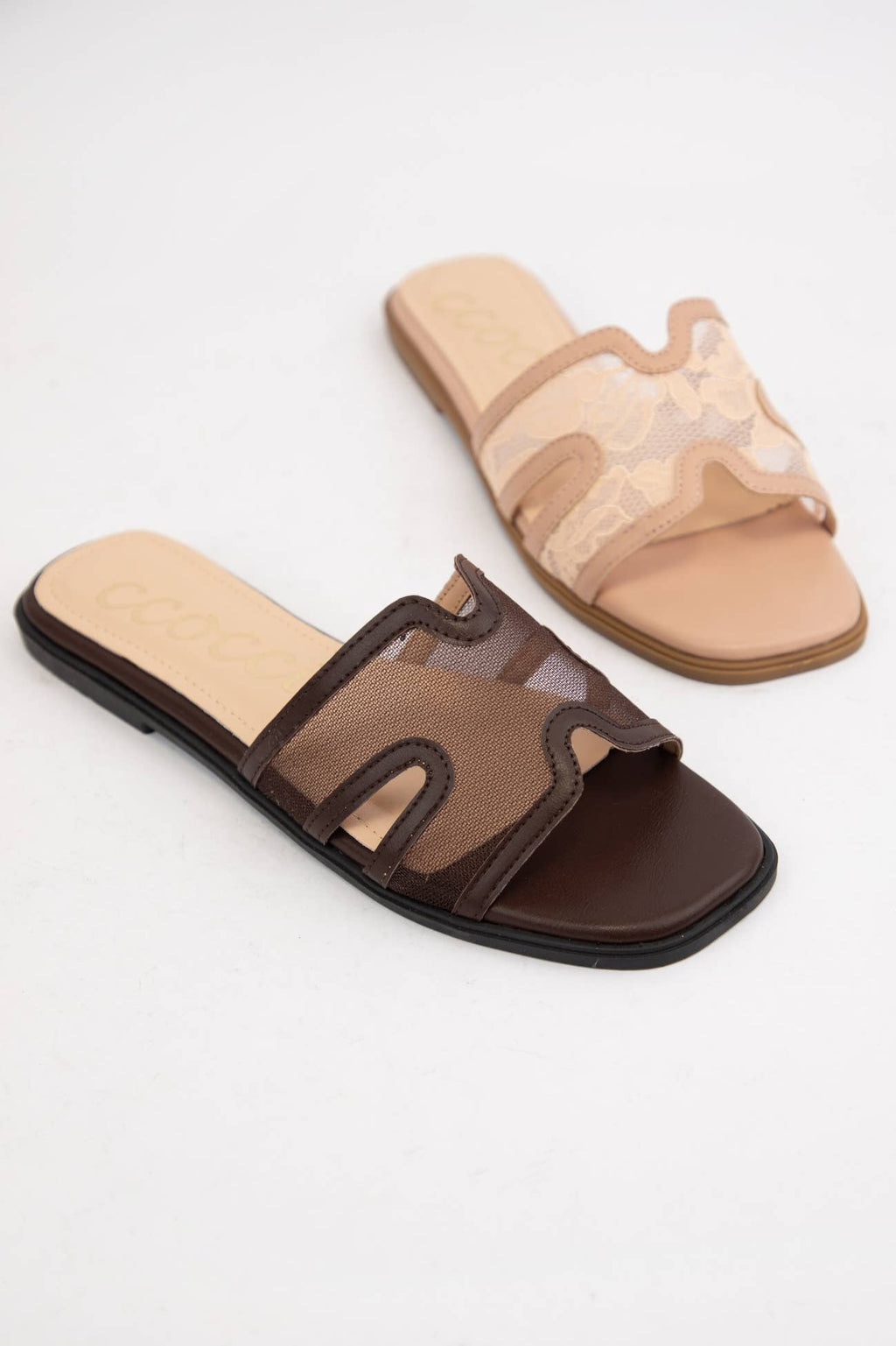 BRITNEY Lace Mesh Sandals  H-Cutout Square Toe Slides