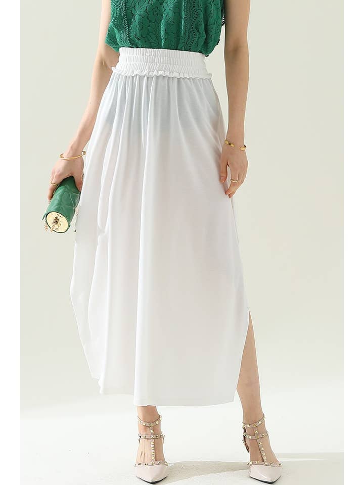 BANDED SMOCKING WAIST MAXI SKIRT WITH POCKET