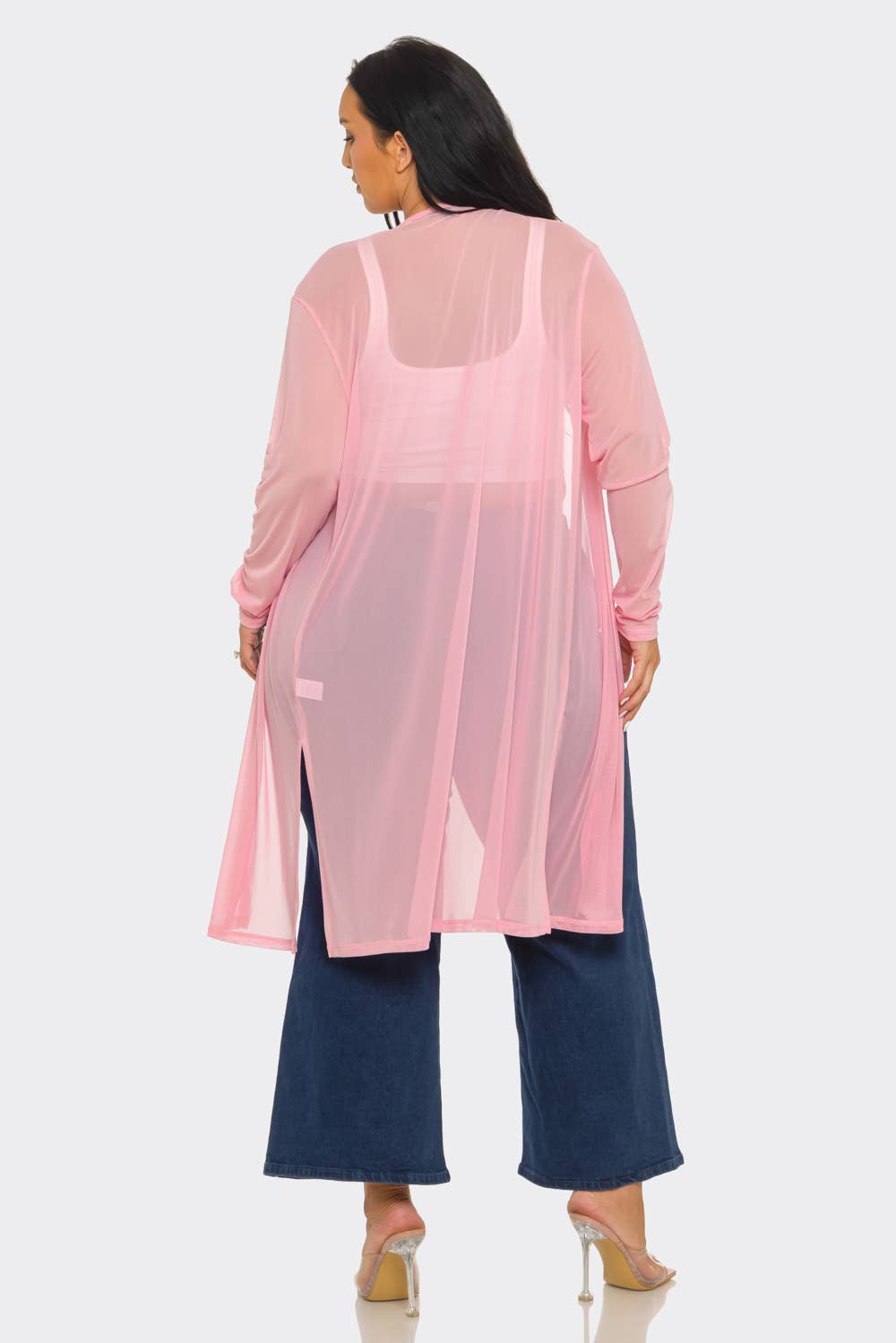 Plus Size Mesh Solid Side Slits Long Sleeve Cardigan