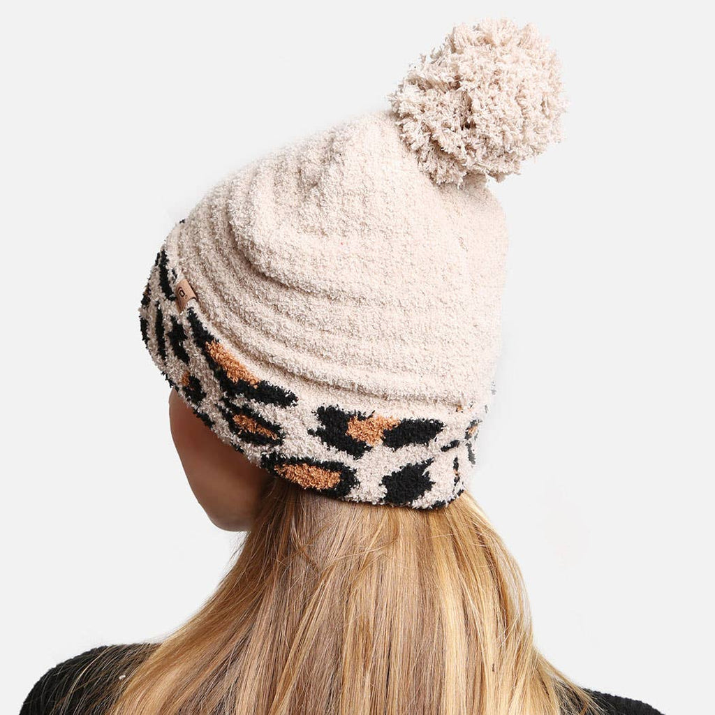 Luxury Soft Beanie Hat w Leopard Print Cuff
